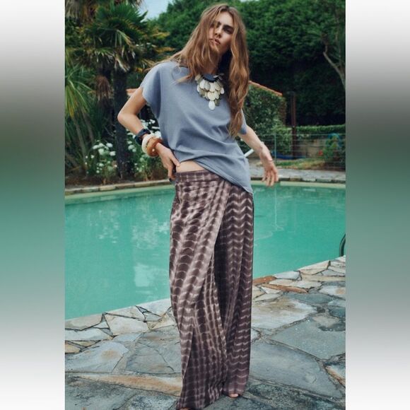 ZARA NWT Tie Dye Linen Wrap Pants Womens Large Wide Leg Lagenlook Boho Beachy - Picture 6 of 16